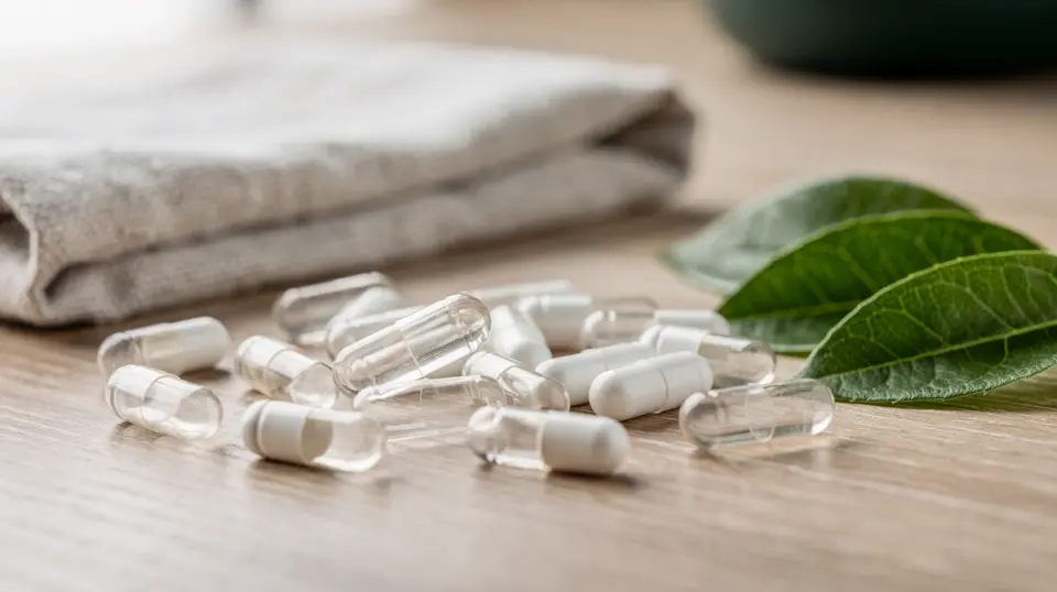 Plant-based empty capsules beside fresh green leaves on a light wooden surface