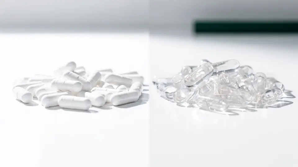 Opaque white and transparent empty capsules contrasted under bright daylight, illustrating TiO2-free alternatives