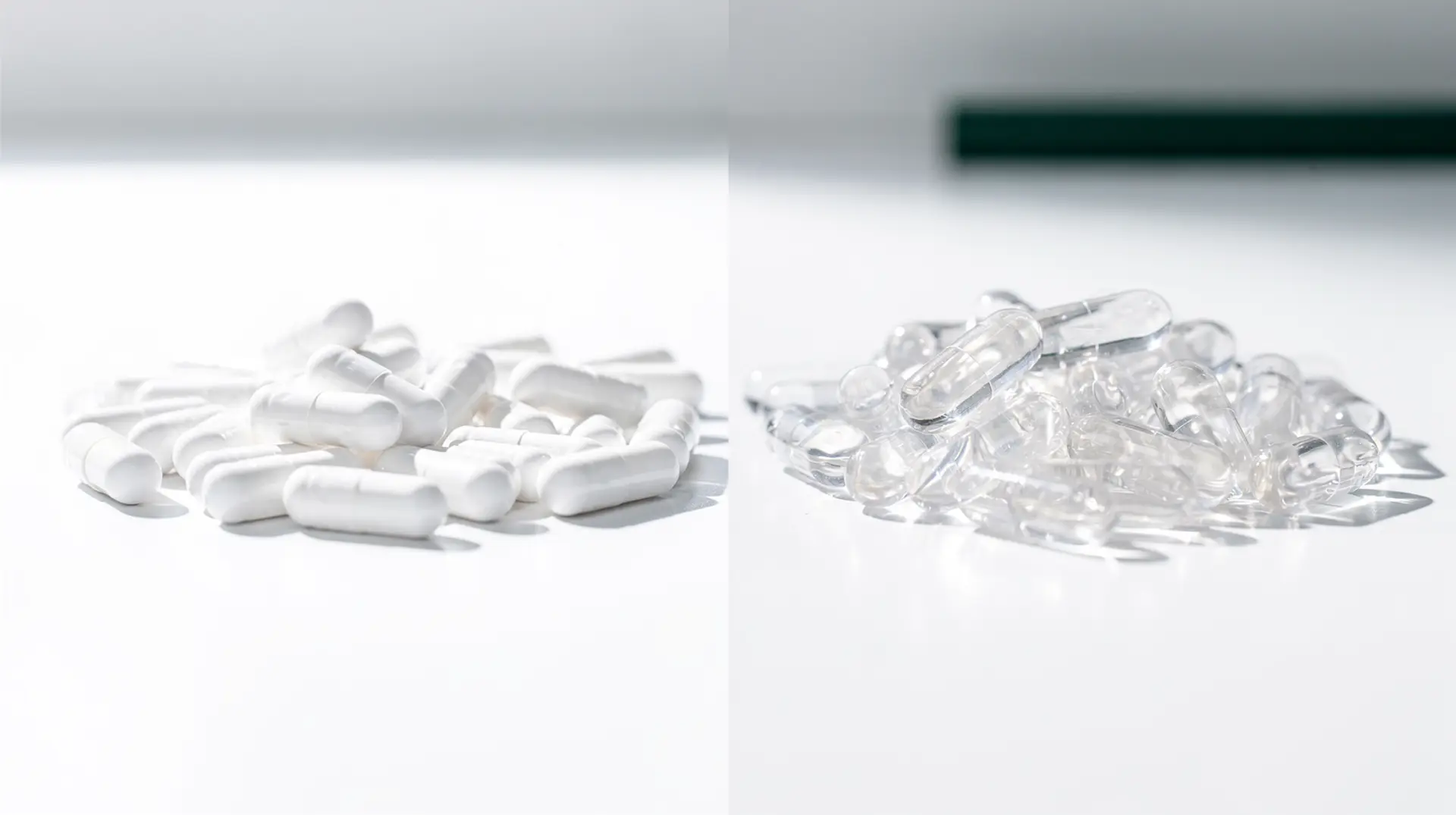 Opaque white and transparent empty capsules contrasted under bright daylight, illustrating TiO2-free alternatives