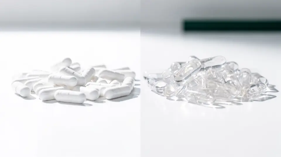 Opaque white and transparent empty capsules contrasted under bright daylight, illustrating TiO2-free alternatives