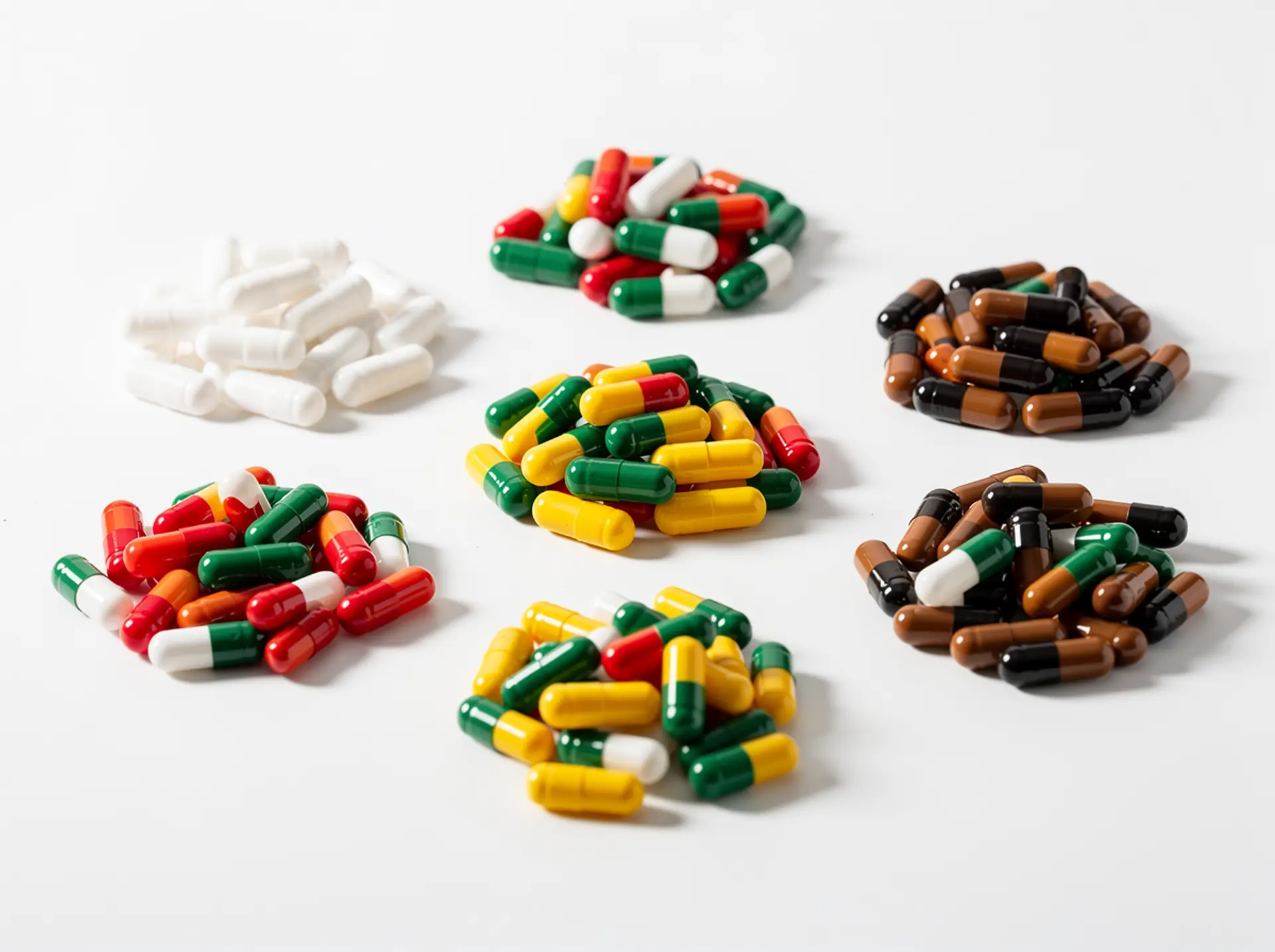 Empty two-piece hard capsules in assorted opaque colours sorted into small heaps on a light surface