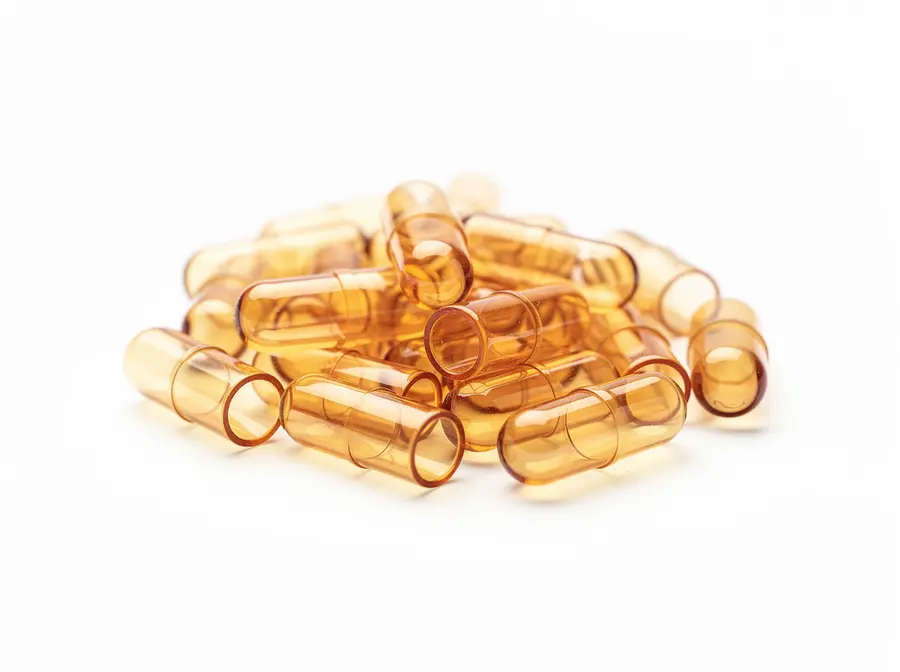 Empty two-piece bovine gelatine hard capsule shells in a warm amber tone