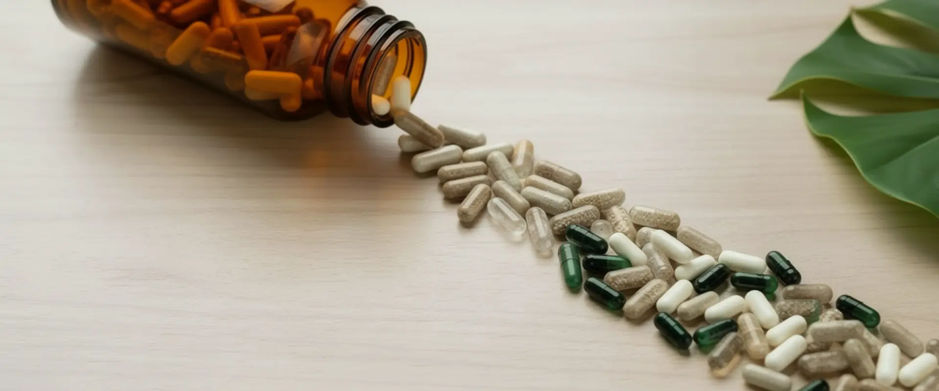 Empty hard capsules spilling from a glass jar onto a wooden surface