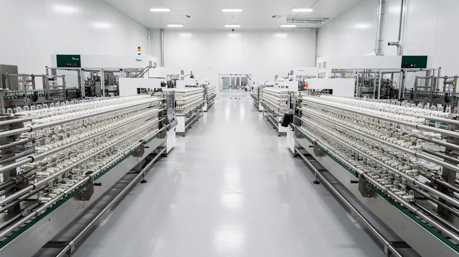 Rows of stainless steel dipping pins holding empty capsule shells in a clean production hall