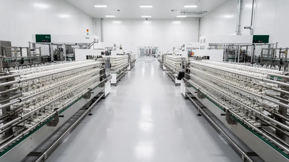 Rows of stainless steel dipping pins holding empty capsule shells in a clean production hall