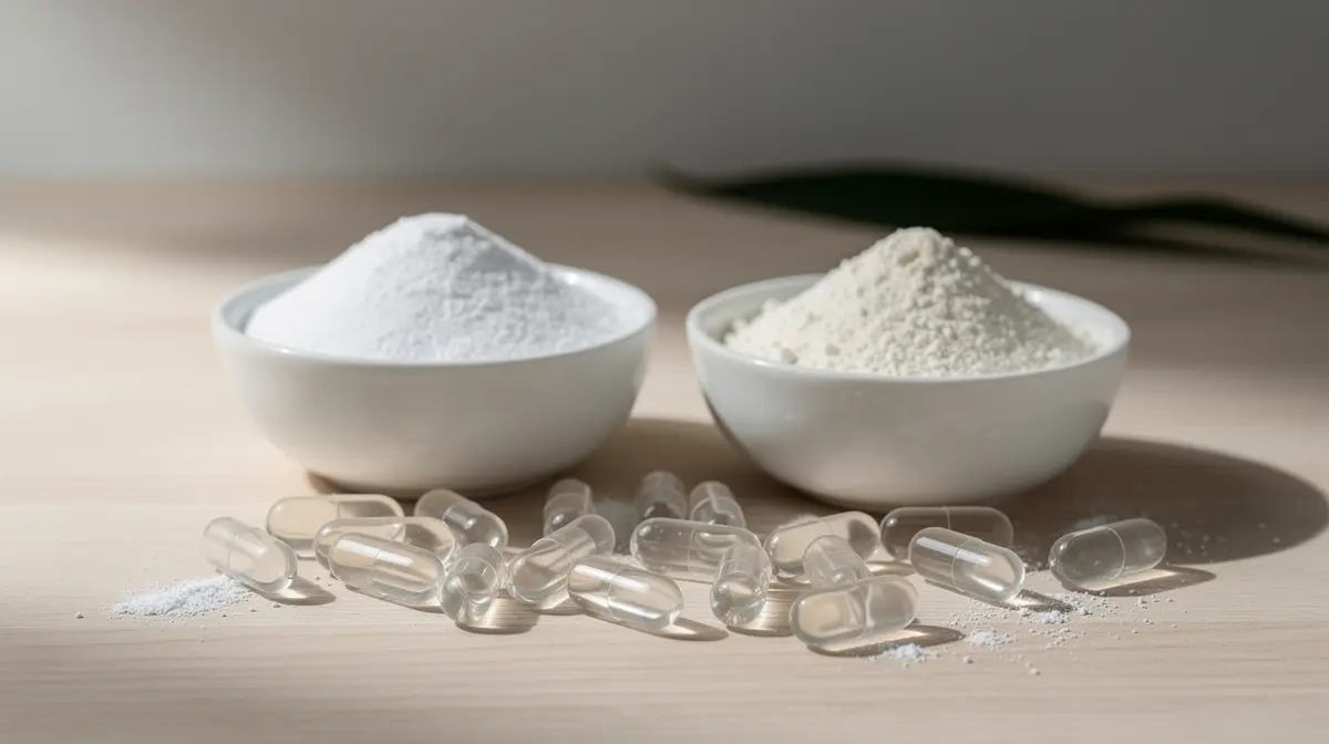 HPMC and pullulan capsules next to small bowls of plant-based raw material powders