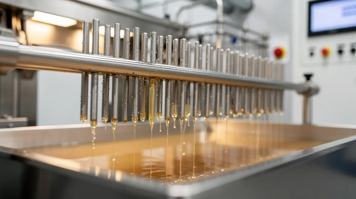 Close-up of stainless steel pins being dipped into gelling solution during capsule manufacturing