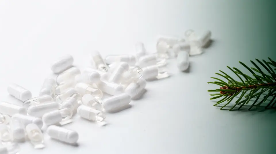 White and transparent HPMC vegetable capsules with a small pine sprig in soft natural light