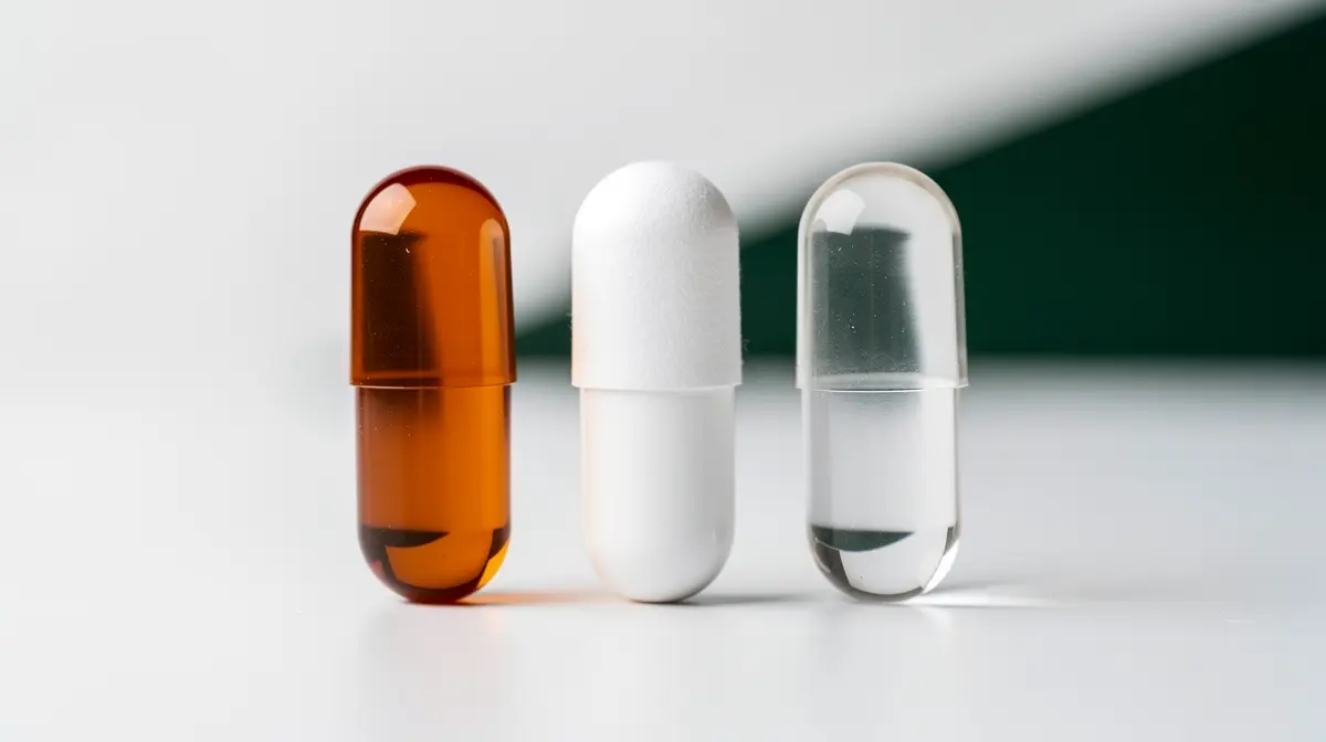Close-up of a gelatine, an HPMC and a pullulan capsule standing side by side
