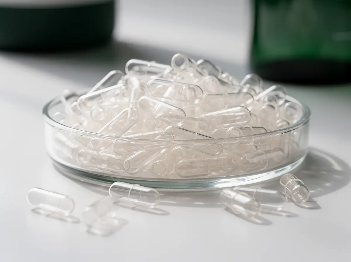 Empty crystal-clear two-piece natural pullulan hard capsules heaped in a shallow glass dish in daylight