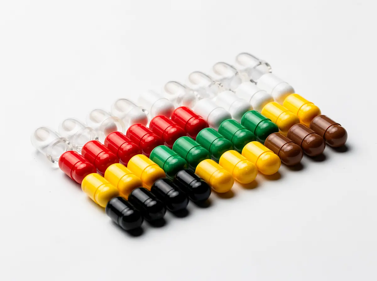 Empty two-piece hard capsules in the standard colour palette, arranged in tidy rows by colour