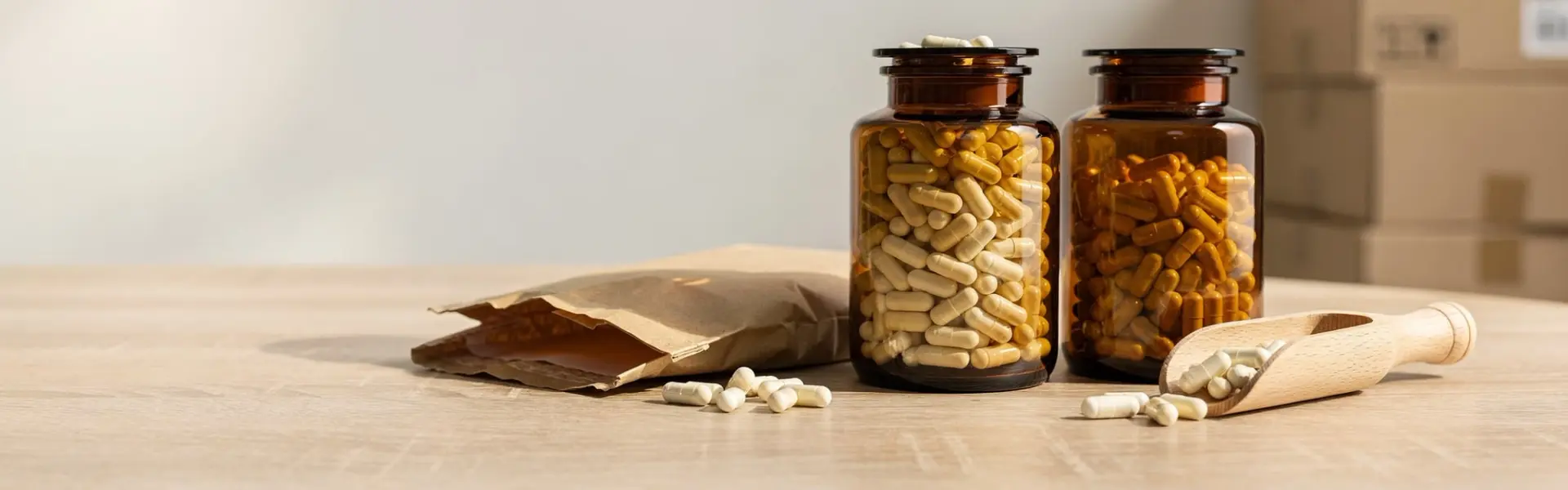 Amber glass jars of empty capsules beside a kraft paper bag and a wooden scoop in warm daylight