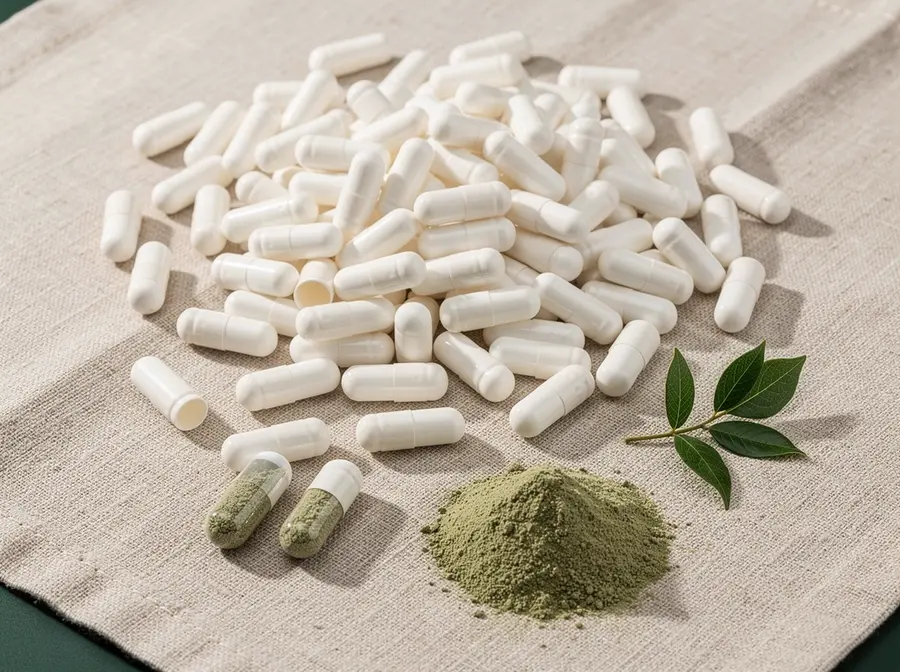 Empty white two-piece HPMC vegetable hard capsules with a small heap of green herbal powder and a leaf sprig