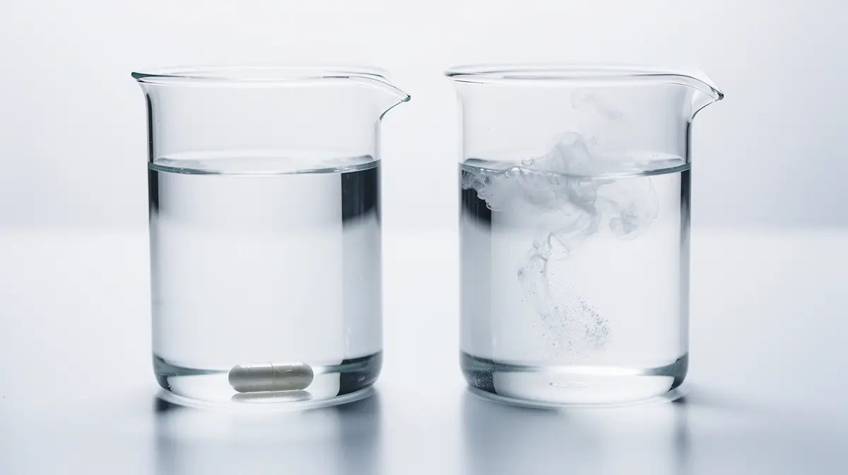 Two laboratory beakers comparing an intact acid-resistant capsule in acid with a dissolved standard capsule
