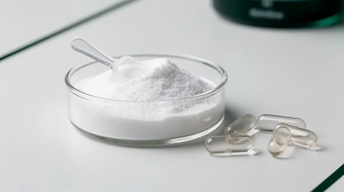 Fine white cellulose powder in a dish beside empty HPMC capsules