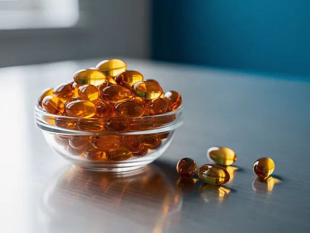 Amber omega-3 softgel capsules in a glass bowl